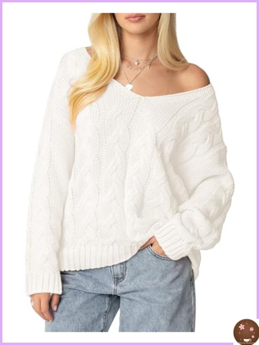 Women's Oversized Cable Knit V Neck Long Sleeve Pullover Sweater